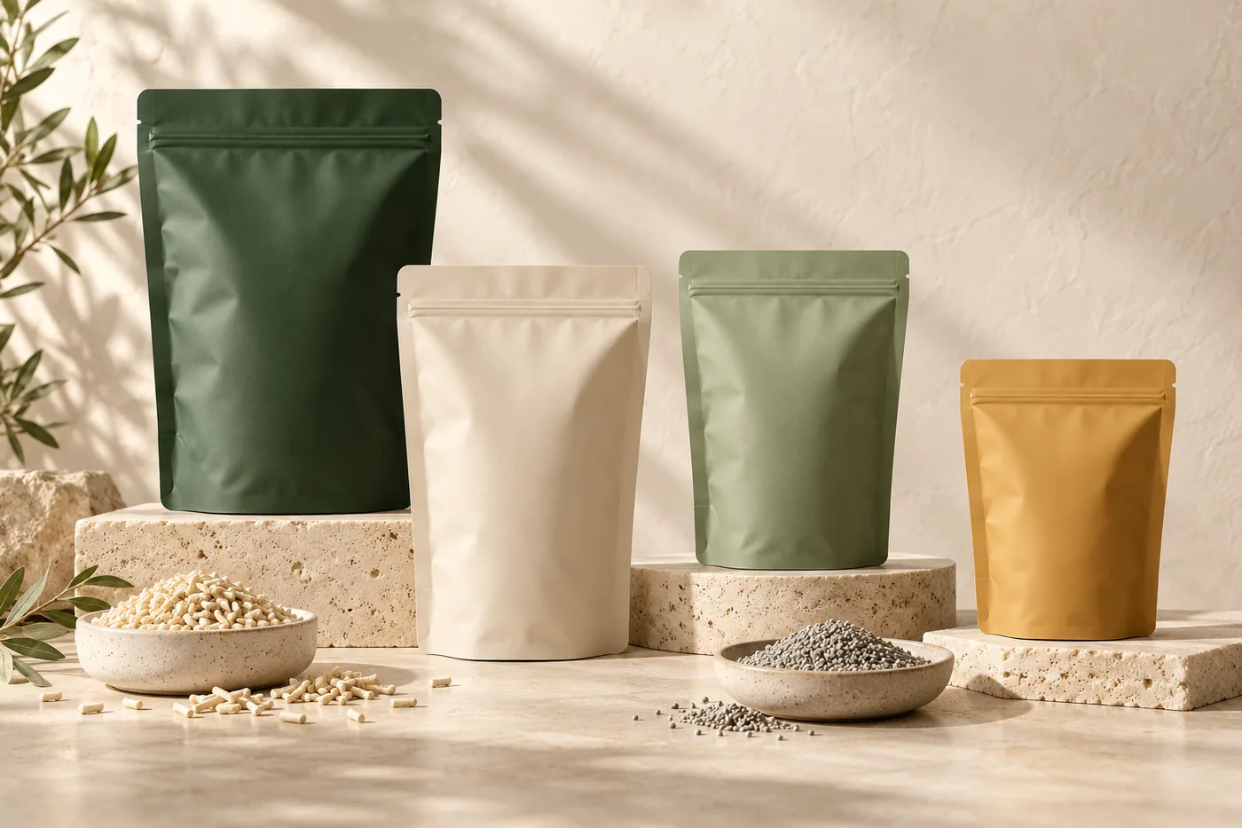 Four unbranded packaging concepts in forest green, ivory, sage and ochre