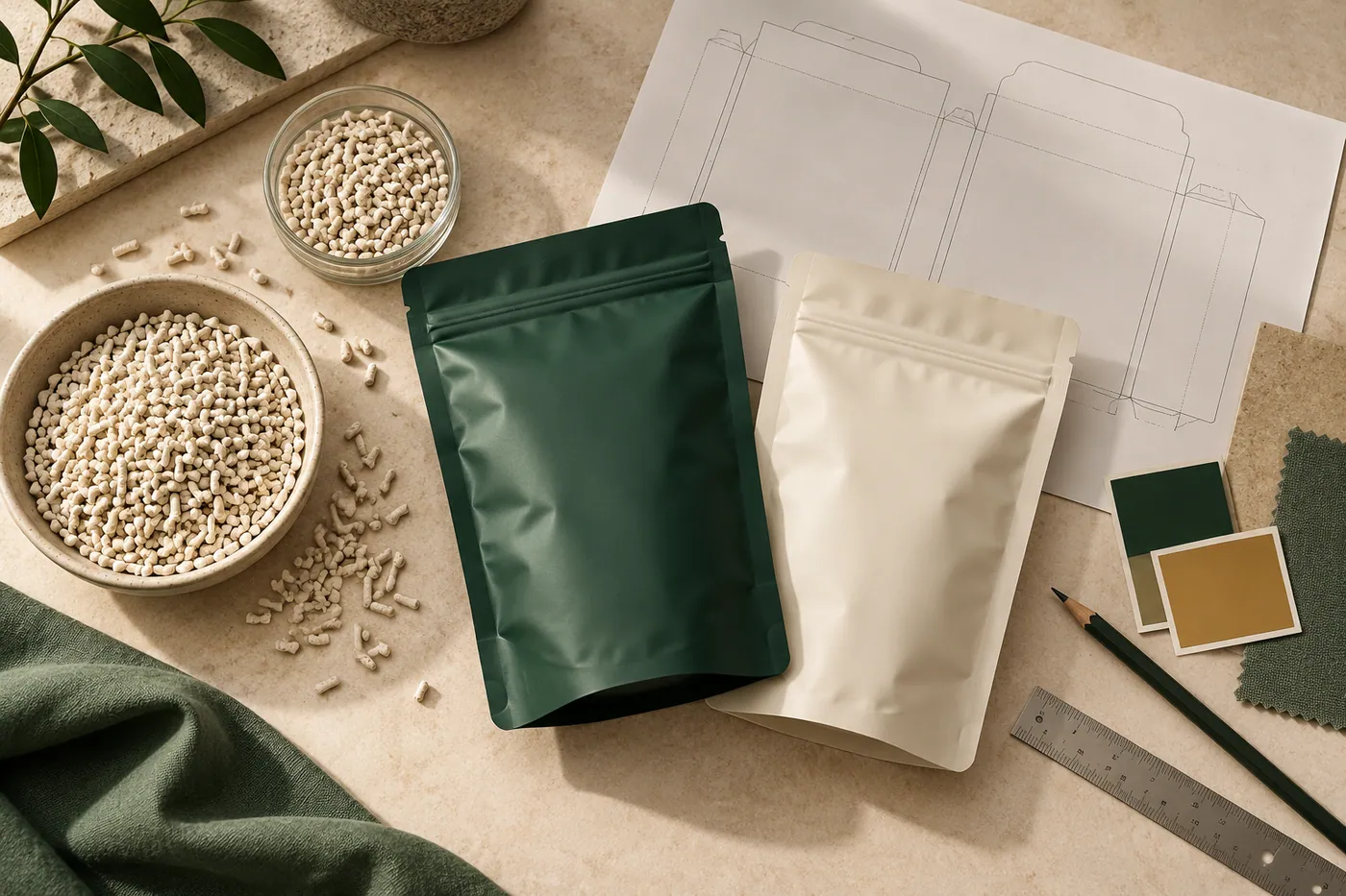 Private-label packaging concept with blank pouches, dielines and color swatches